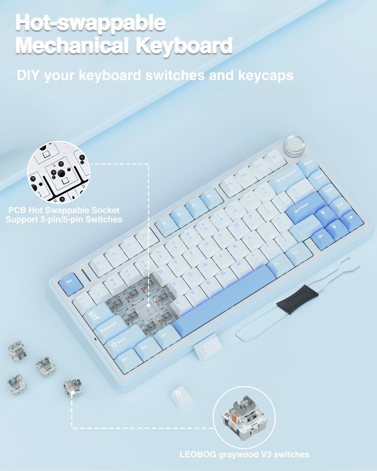 F75 75% Mechanical Keyboard, Hot Swappable Creamy Keyboard, Pre-lubed Greywood Switches Backlit Gaming Keyboards, 2.4GHz/Type-C/BT5.0(Salt White Blue)
