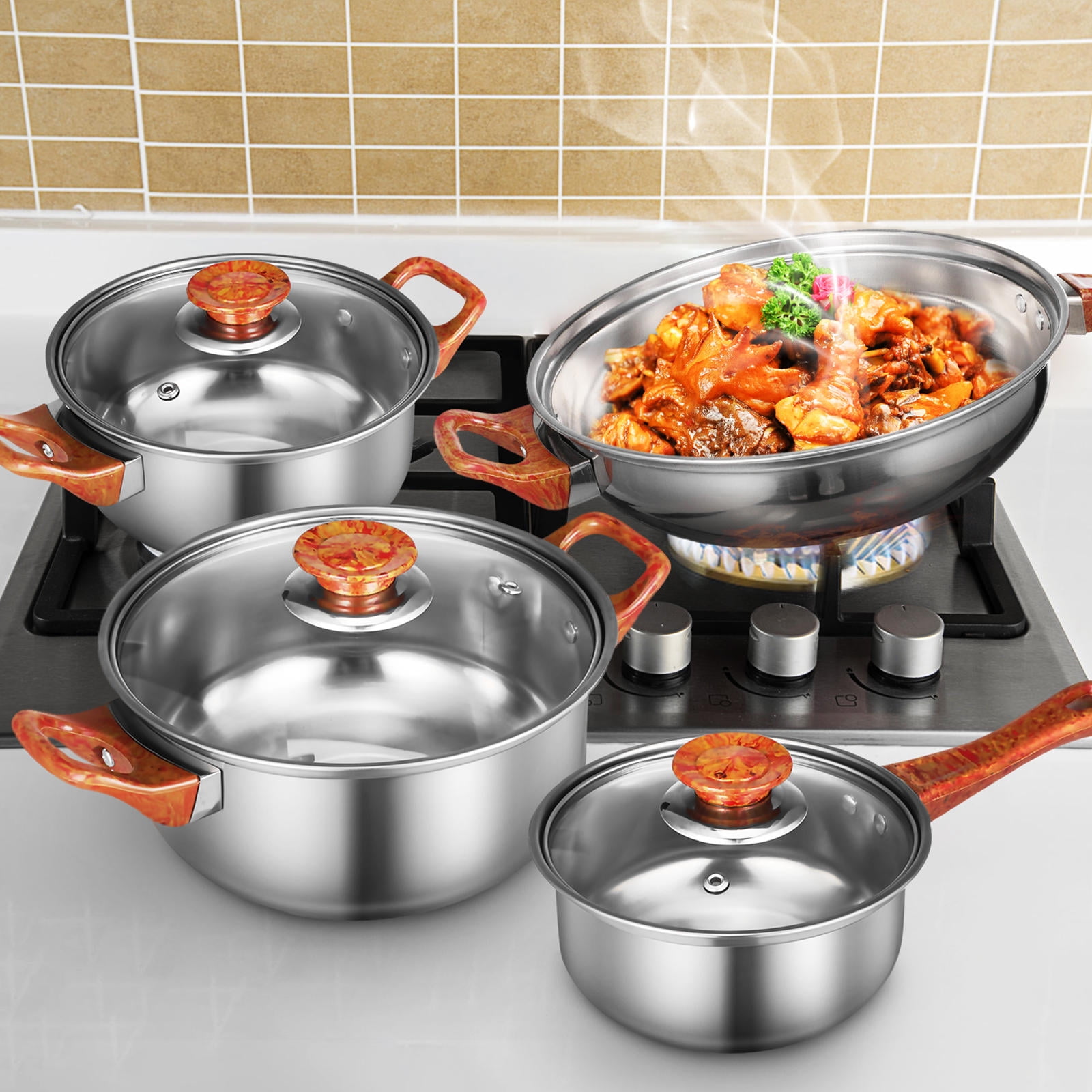 ETHZZLE Nonstick Stainless Steel Cookware Set with Wood Grain Handles, Pots and Pans for Everyday Versatile Cooking