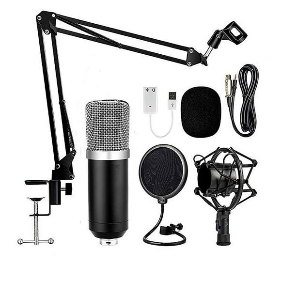 BM700 Professional Condenser Microphone Kit with 35-inch Foldable, Pop Filter, Shock Mount & USB Sound Card - High Sensitivity Uni-directional Mic for Studio Recording, Broadcasting, KTV & Live