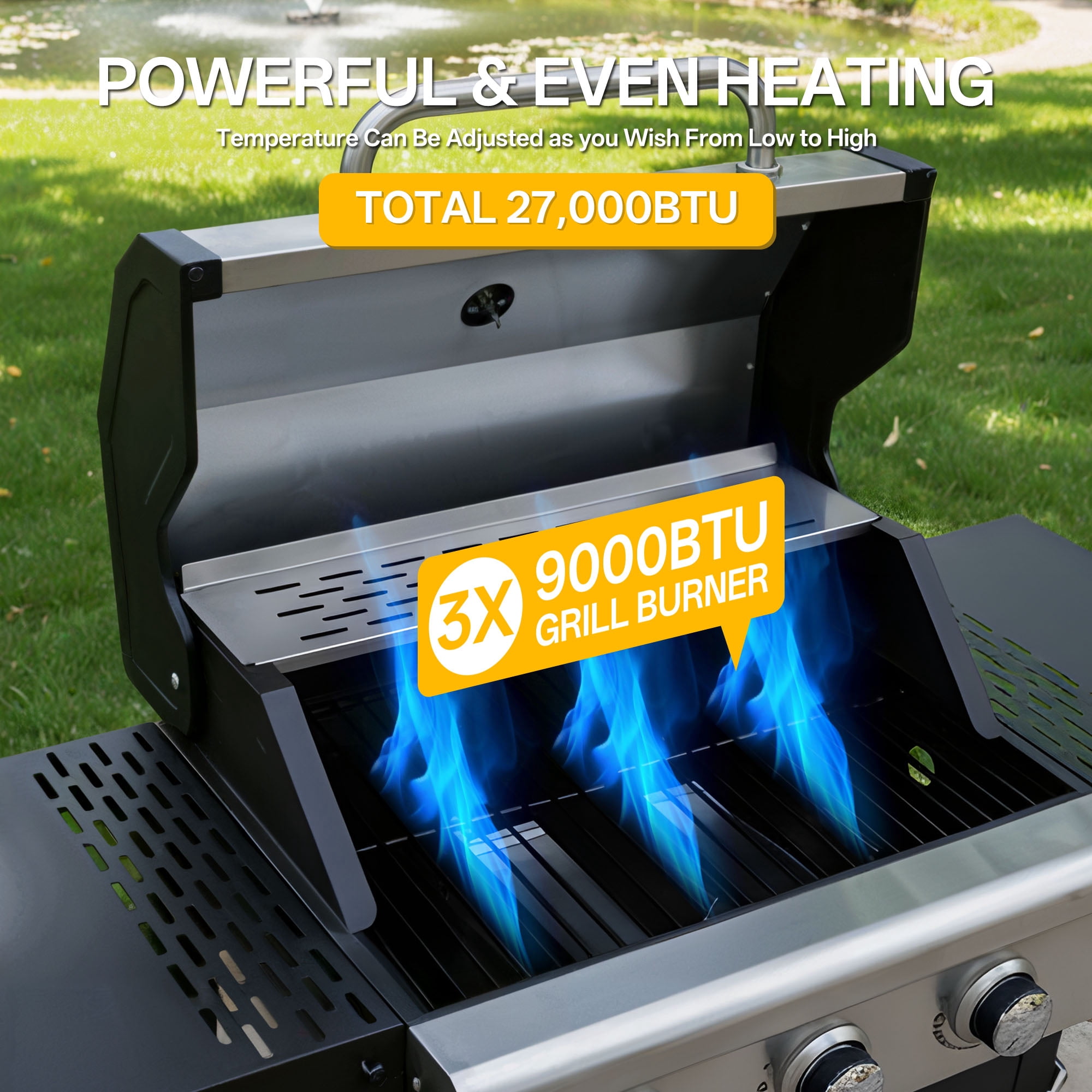 YIORTWO 3 Burner Propane Gas Grill with Cover, 27,000 BTU Outdoor BBQ with Stainless Steel Lid & Storage Cabinet, Portable for Patio & Camping