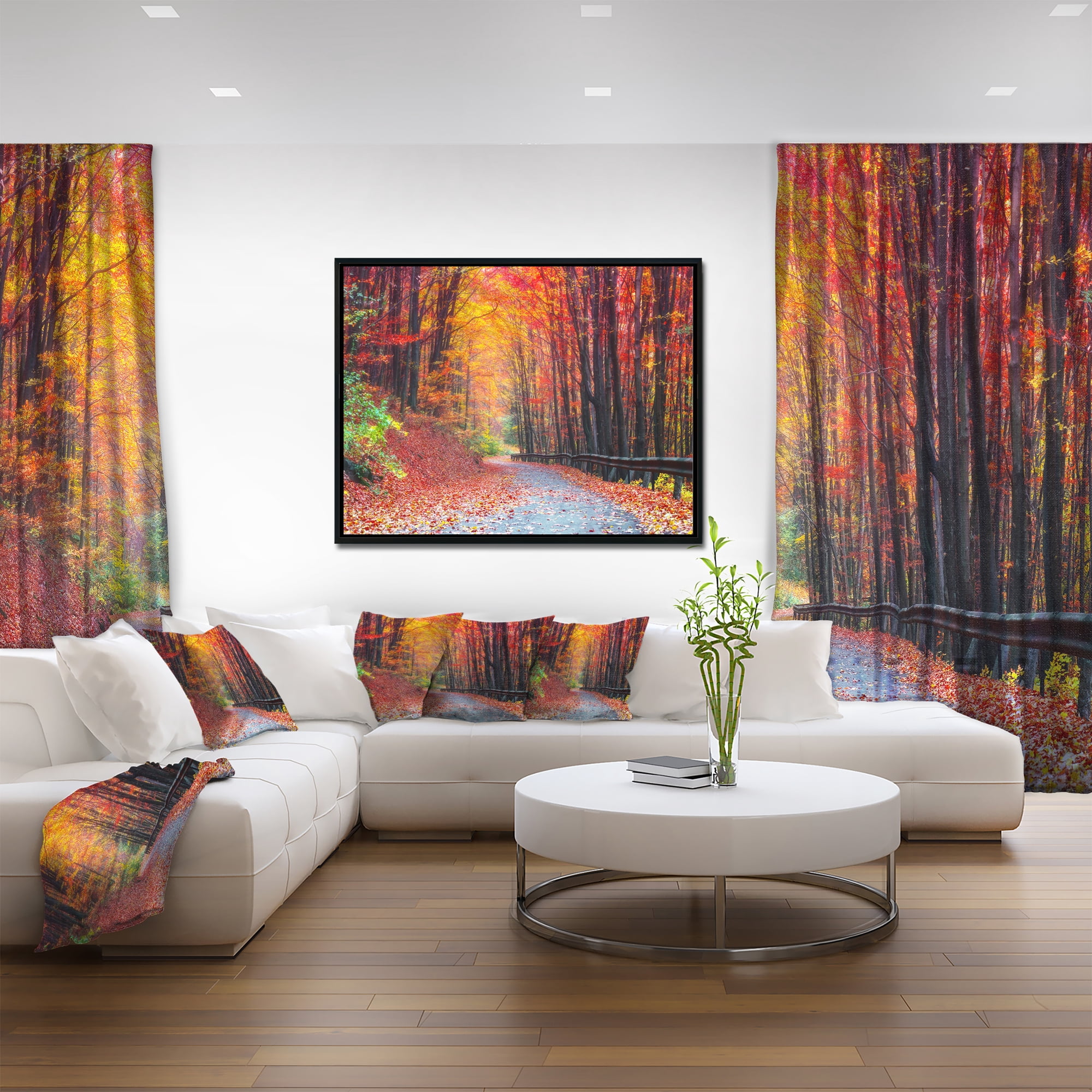 Designart ' Road in Beautiful Autumn Forest ' Modern Forest Framed Canvas Art