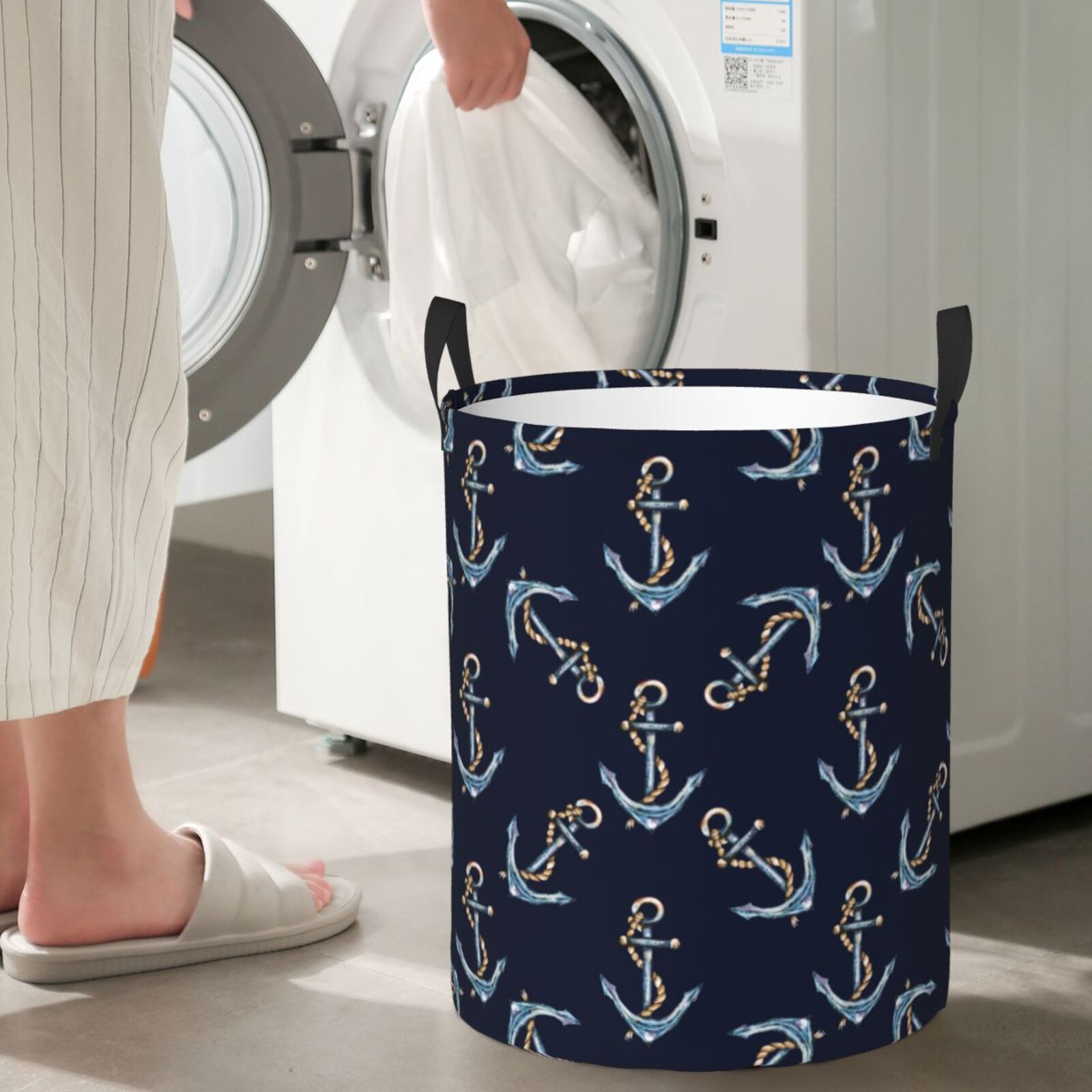 Large Laundry Basket with Handles - Anchor rope vintage navyblue Kids Baby Dirty Clothes Laundry Hamper for Bedroom Aesthetic