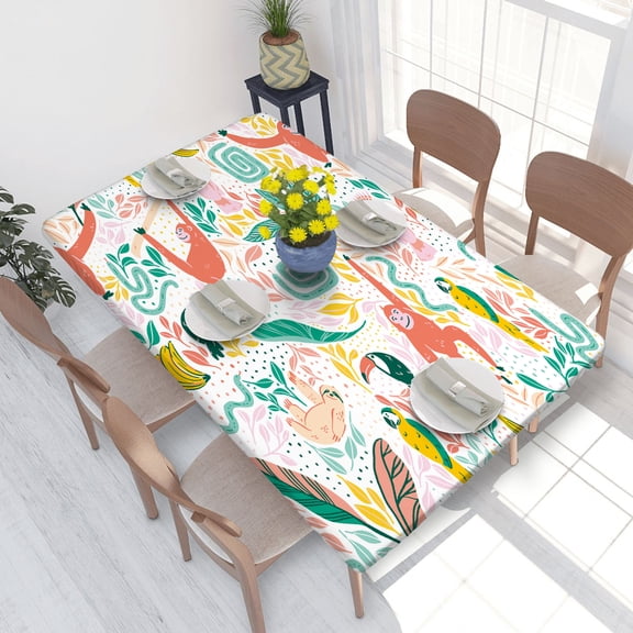 Elastic Edge Fitted Tablecloth Tropical Birds Orangutan And Sloth Monkeys With Snakes for Rectangle Table 4 FT 30 X 48 Inch