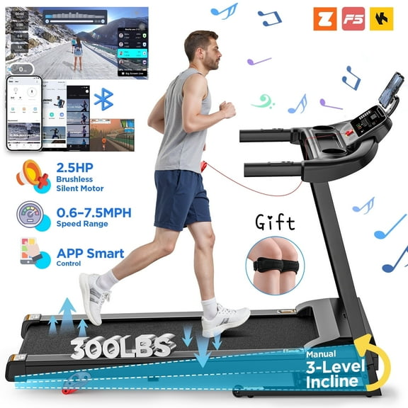 2.5HP Folding Treadmill for Home, Treadmill 300 lbs Capacity, Manual Incline Treadmill, Bluetooth Connectivity, Device Holder,71 Programs