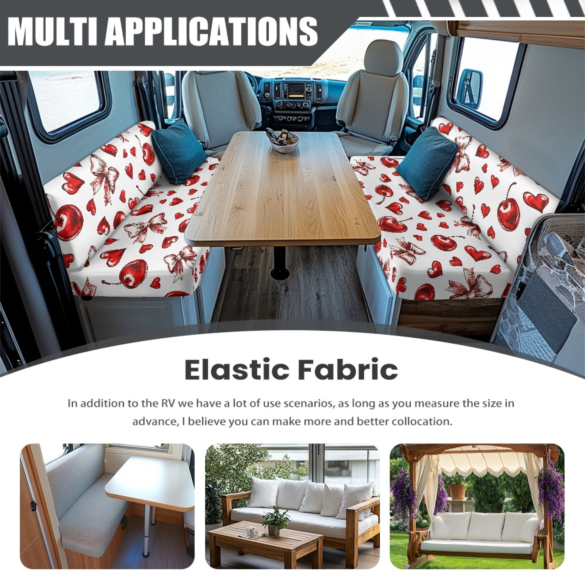 Yuyamidu Cherry RV Dinette Cushion Covers Booth Set Bow Camper Cushions Cover Red Heart RV Couch Covers 2 Pcs Valentine's Day Camper Dinette Seat Covers for Travel Trailer Couch