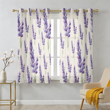 Summer Flowers Sheer Curtains 45 Inch Long 2 Panels Purple Floral Plant Farmhouse Green Leaves Retro Light Filtering Semi Sheer Drapes Grommet Voile Window Curtain for Living Bedroom W42 x L45