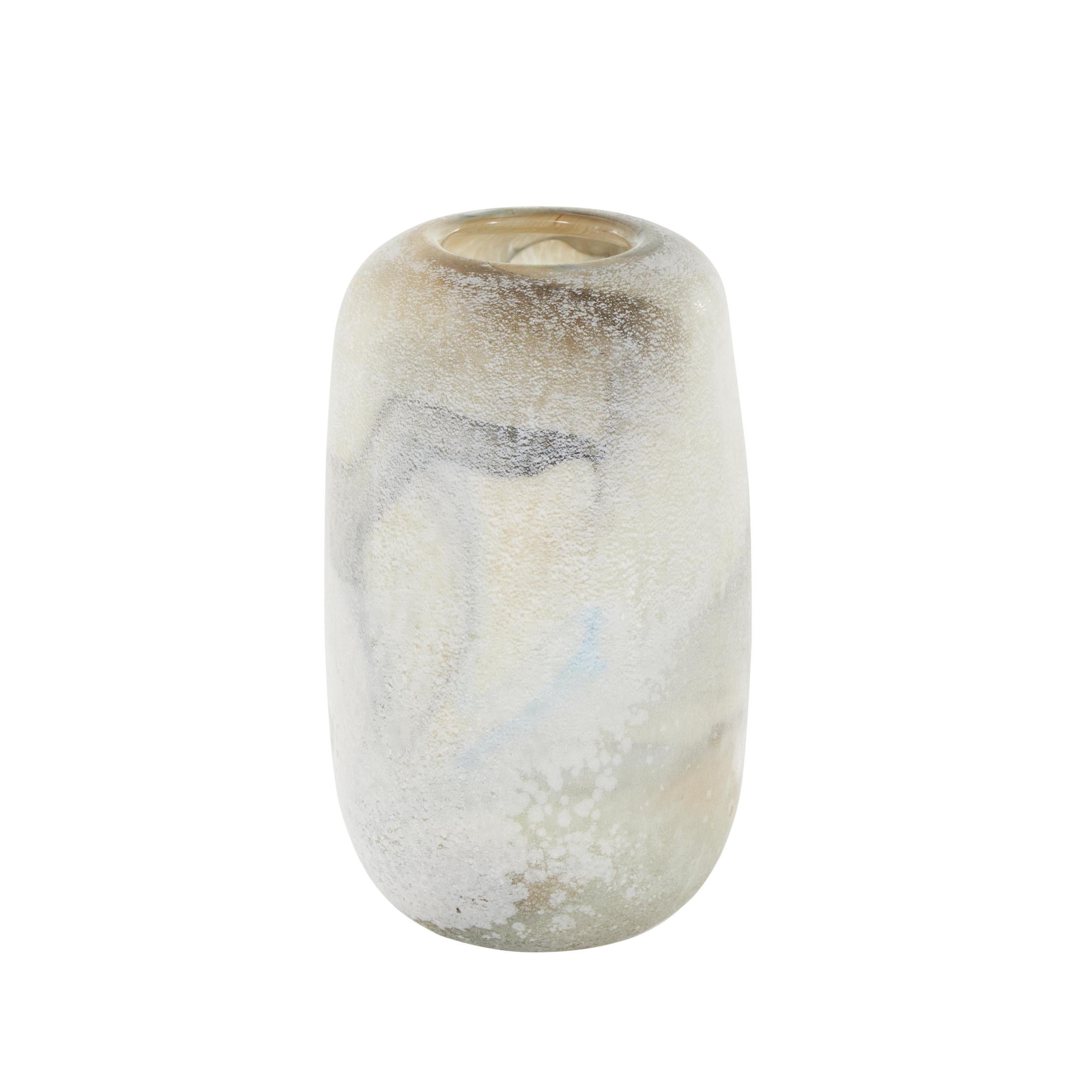 DecMode 10" Distressed Cream Glass Vase with Blue and Tan Texturing