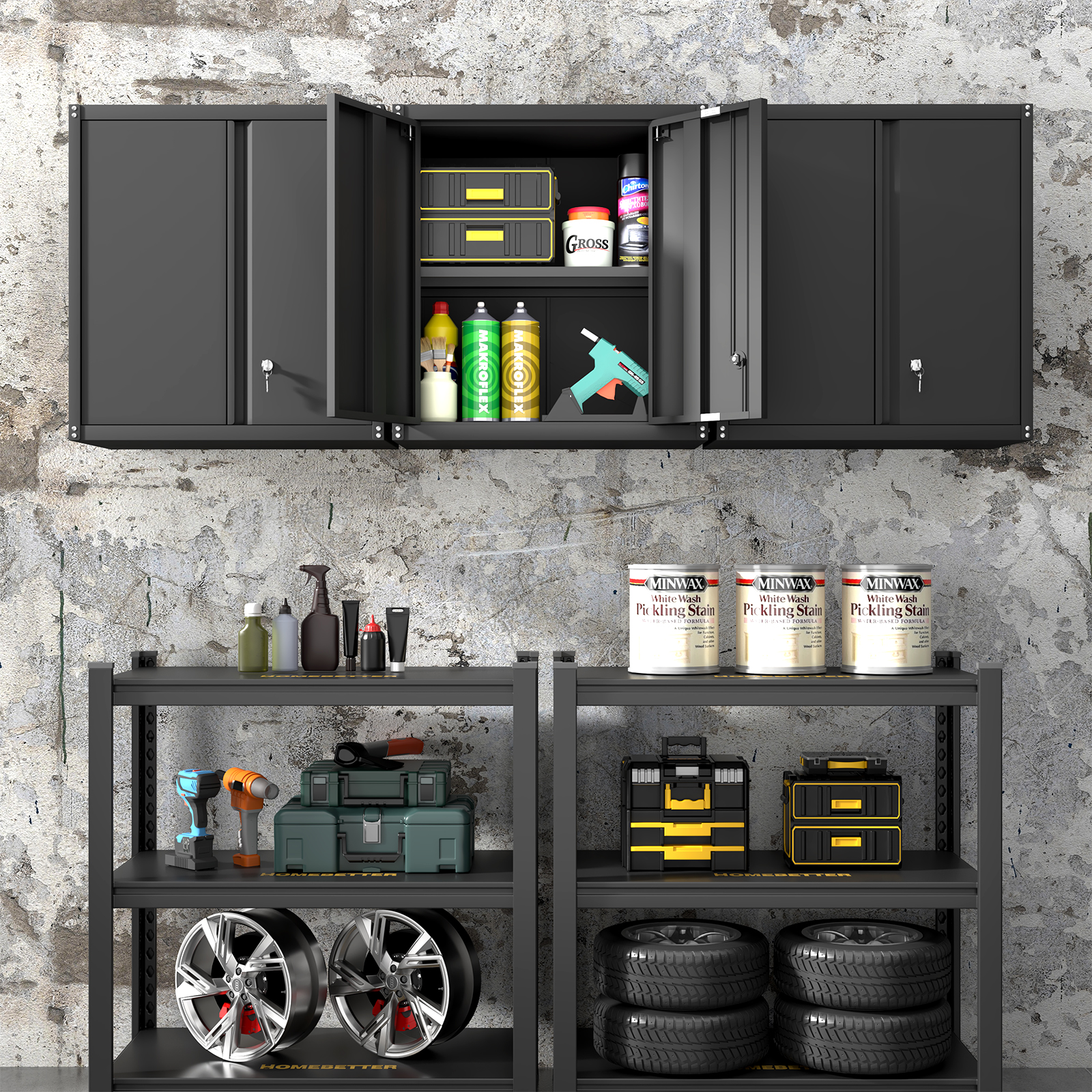 Marcree Metal Wall Cabinets for Garage, Garage Cabinets Wall Mount, Steel Floating Hanging Storage Cabinet with Doors and Adjustable Shelf for Utility Room, Black