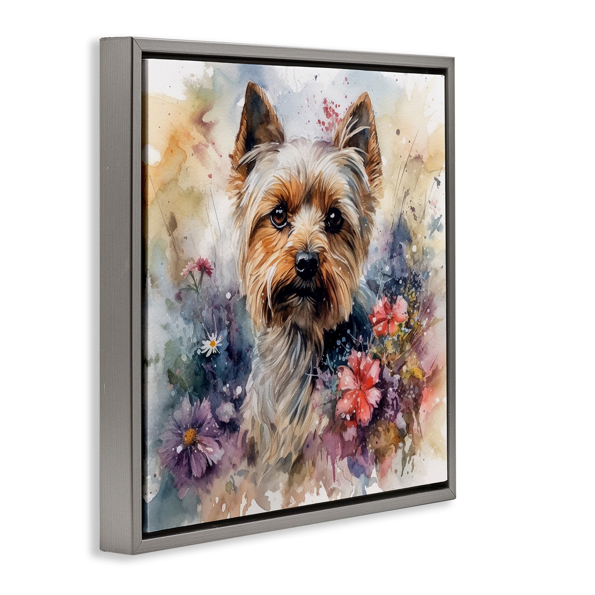 Stupell Industries Floral Adorned Yorkie Animals & Insects Painting Gray Floater Framed Canvas Art Print Wall Art, 18 x 18
