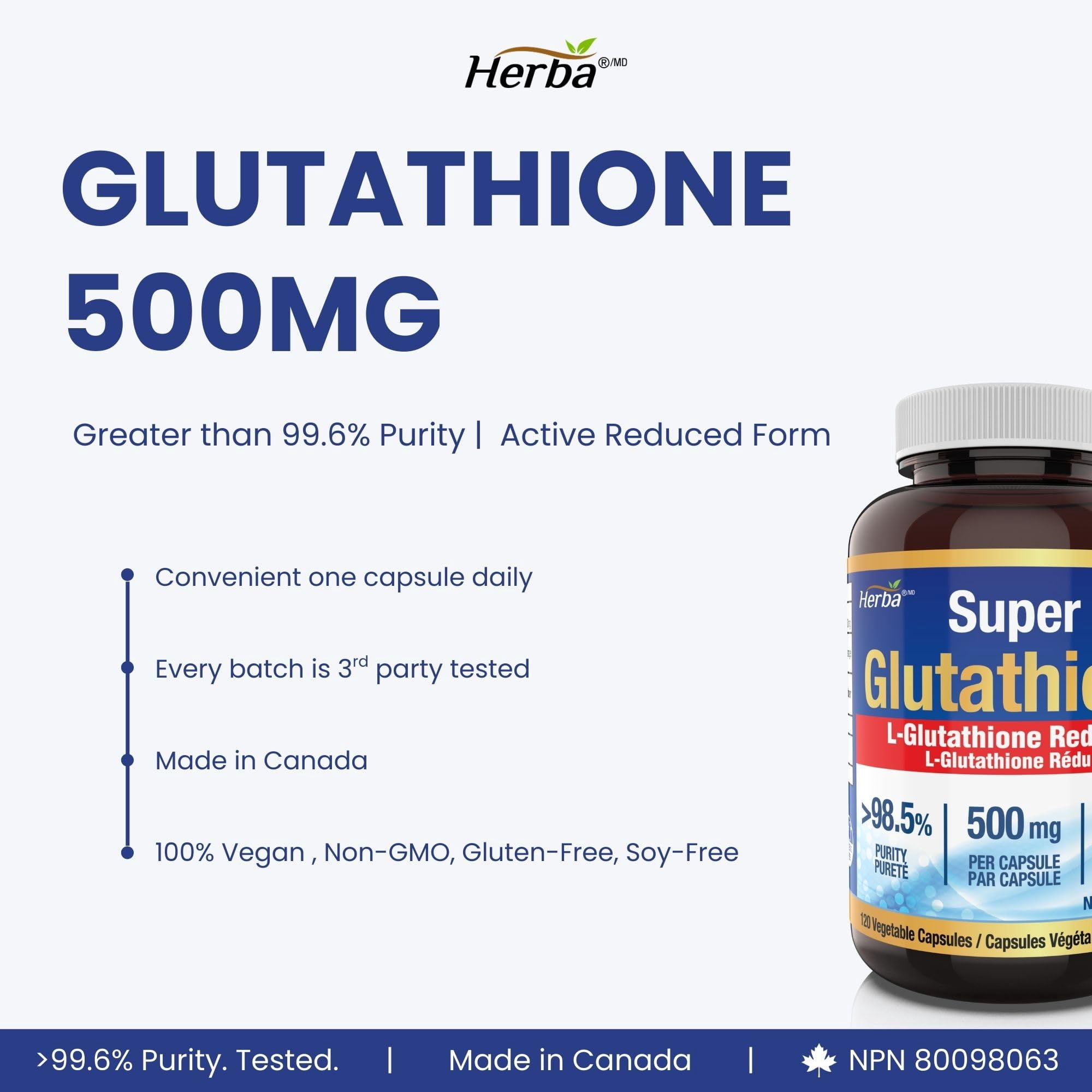 Herba Glutathione Supplement 500 mg - 60 Vegetable Capsules | L-Glutathione  Reduced Active Form | Made in Canada - Walmart.ca