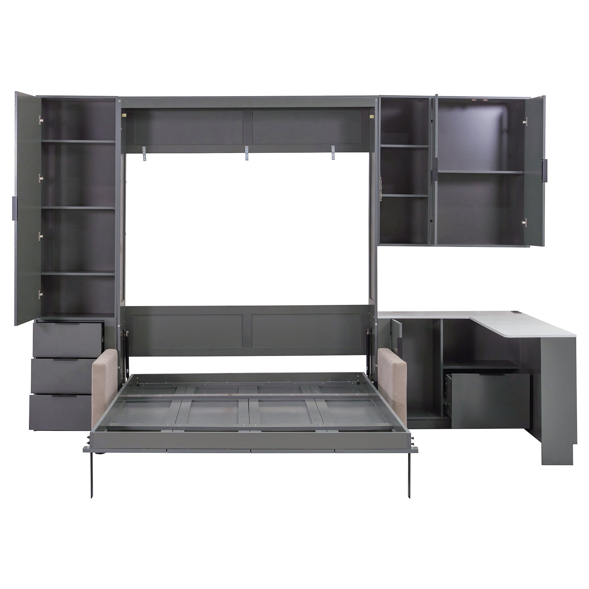 Queen Size Murphy Bed with Sofa, Writing Desk, Storage Shelves & Drawers, LED and USB for Small Space, Guest Room
