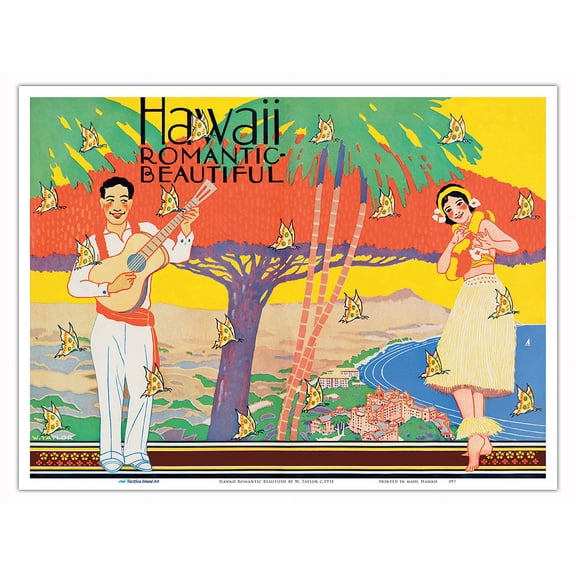 Hawaii Romantic Beautiful - Vintage Hawaiian Travel Poster by W. Taylor c.1931 - Master Art Print (Unframed) 9in x 12in