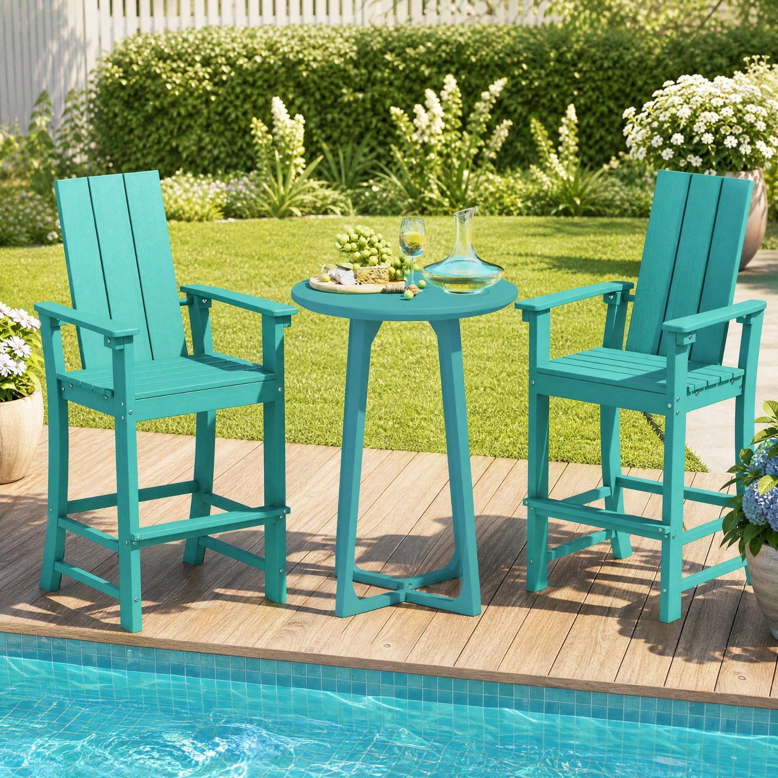 Furnibear Tall Outdoor Bar Stool Adirondack Chair with Ergonomic Backrest and Footrest for Backyard Patio Deck, Turquoise