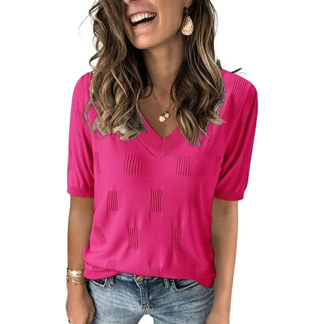 Arach&Cloz Women's V-Neck Short Sleeve Special Rib Knitted Pattern Casual Tops Sweater Spring Summer 2025