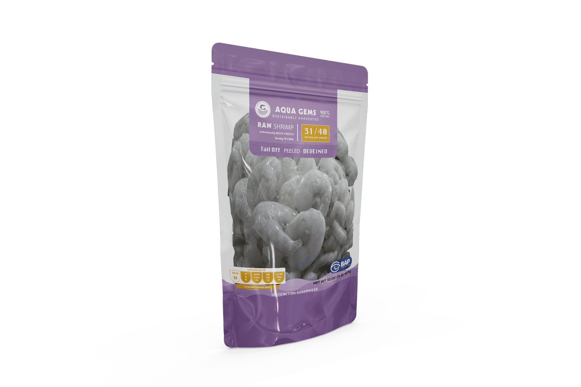 Aqua Gems Frozen Raw Large Peeled and Deveined Shrimp Value Bag, 32 oz (31-40 count per lb)