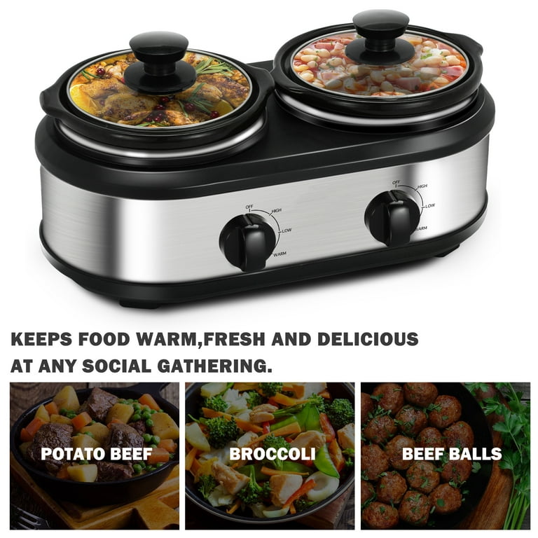 CozyHom 2.5QT Dual Pot Slow Cooker Electric Food Warmer With Adjustable  Temp Stainless Steel Removable Pots Lid Rests Crock Pot 