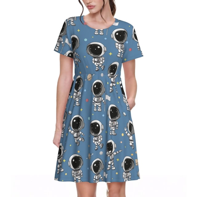 Bixox Robe d'Été à Manches Courtes pour Femmes Robe Ample Longueur Genou avec Poches-Astronaute