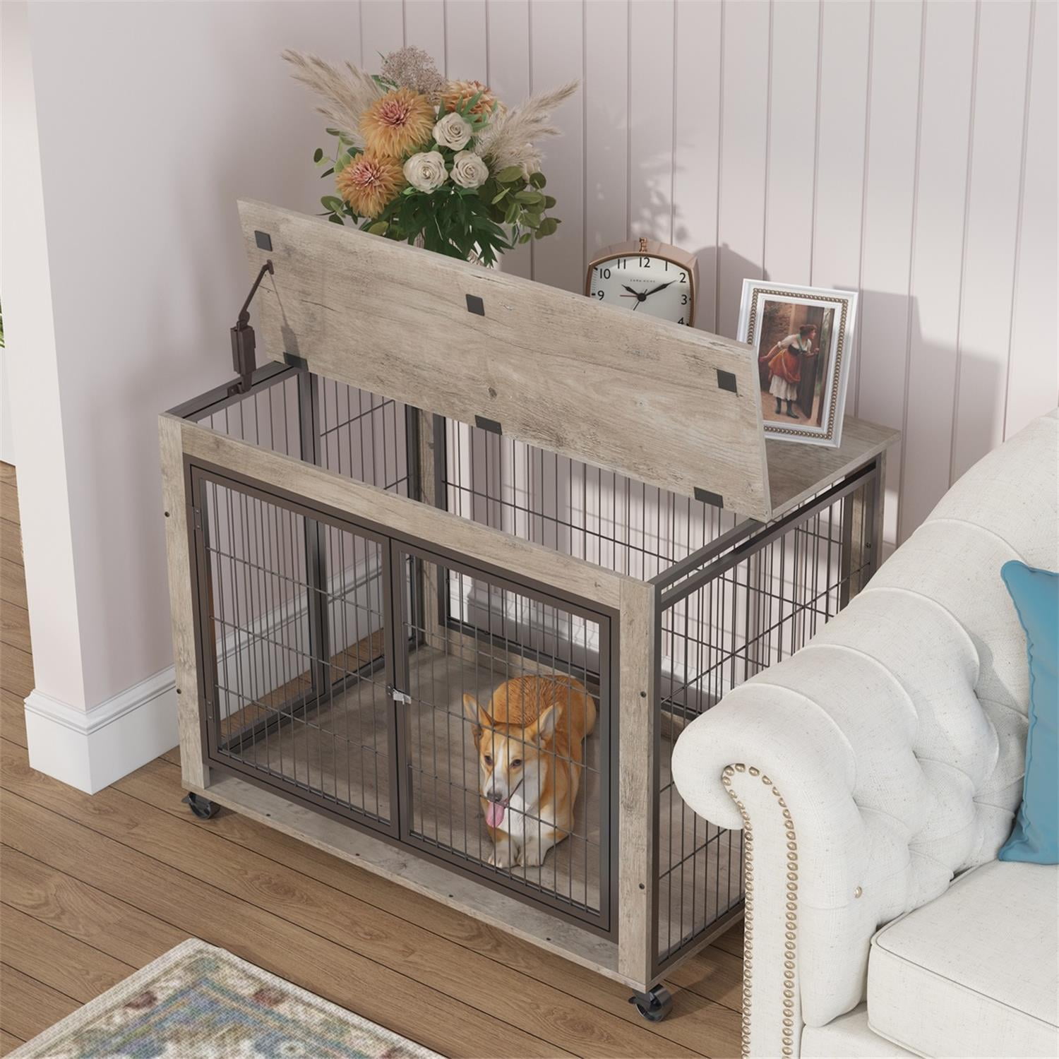 Pefilos 27" Dog Crate for Indoor Side End Table Dog Cage with Double Doors and Lift Top Heavy-Duty Pet Cages for Dogs Modern Kennel, Gray Pefilos 27" Dog Crate for Indoor Side End Table Dog Cage with Double Doors and Lift Top Heavy-Duty Pet Cages for Dogs Modern Kennel, Gray