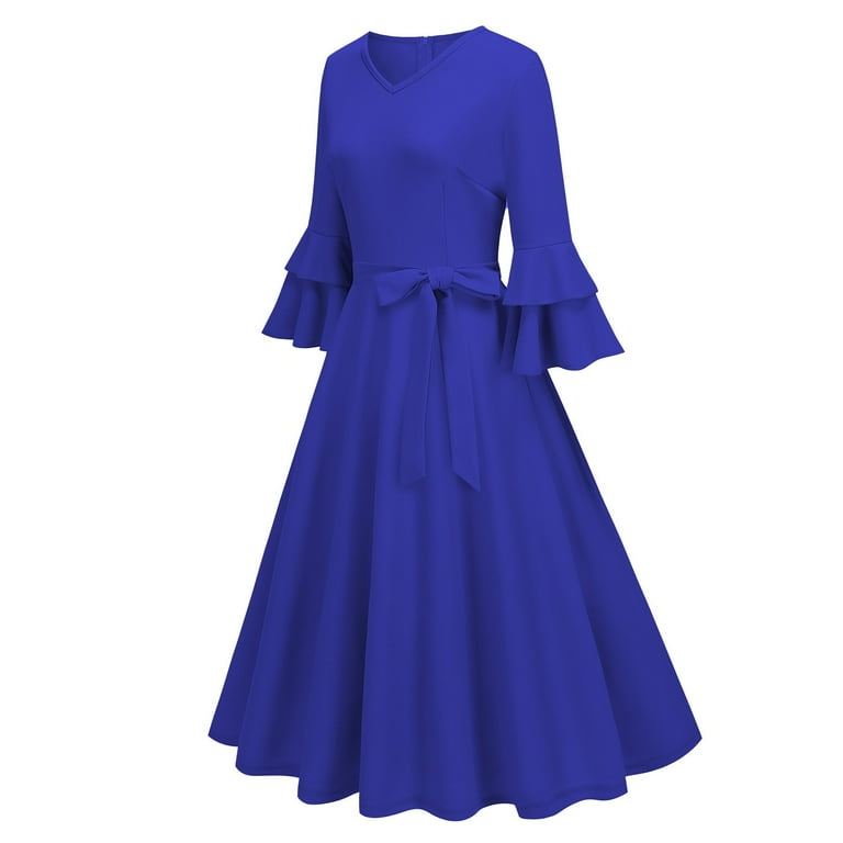 Efsteb Fall Fashion 2025 Womens Cocktail Dress Long Bell Sleeves V-Neck  Formal Bridesmaid Prom Dresses (Blue,L) - Walmart.com