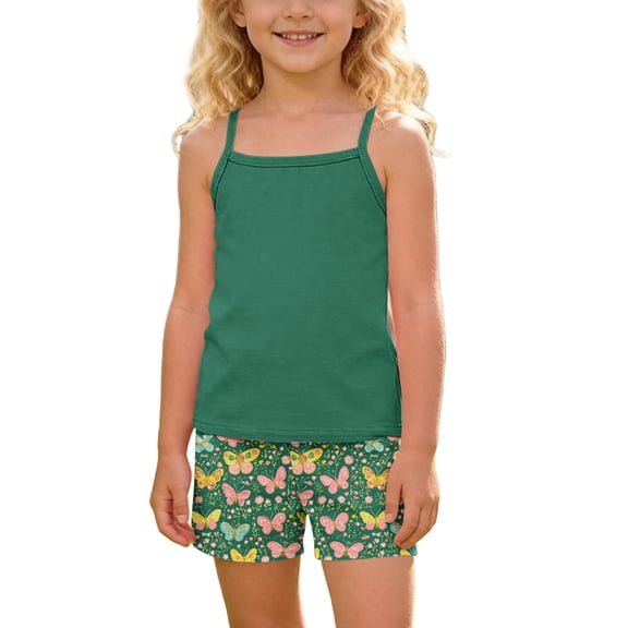 Qingpeng Girls Summer Butterfly Print Sleeveless Tank Top and Shorts Matching Outfit Set for Kids