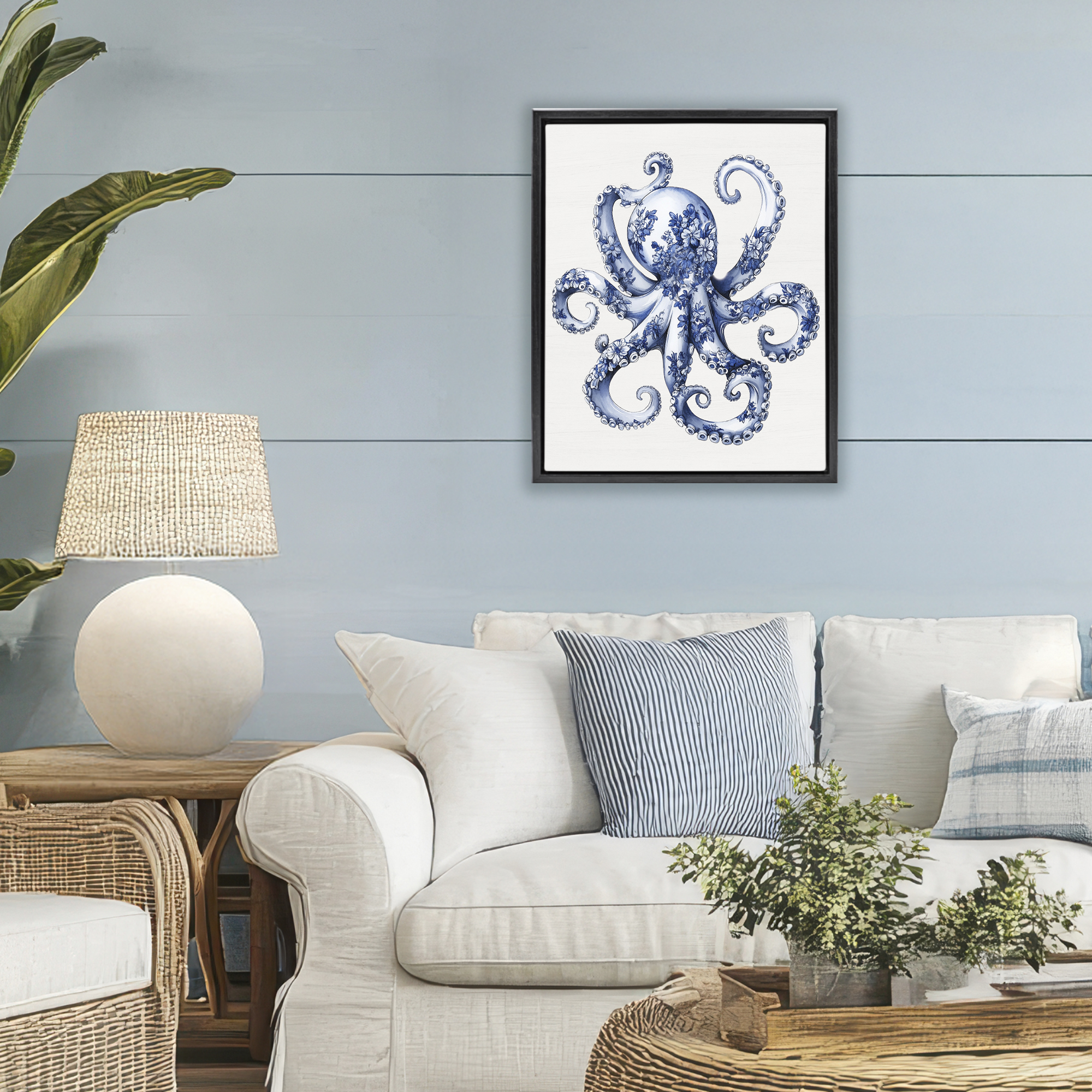 Funky Toile Octopus Black Framed Floater Canvas Wall Art, design by Lettered and Lined
