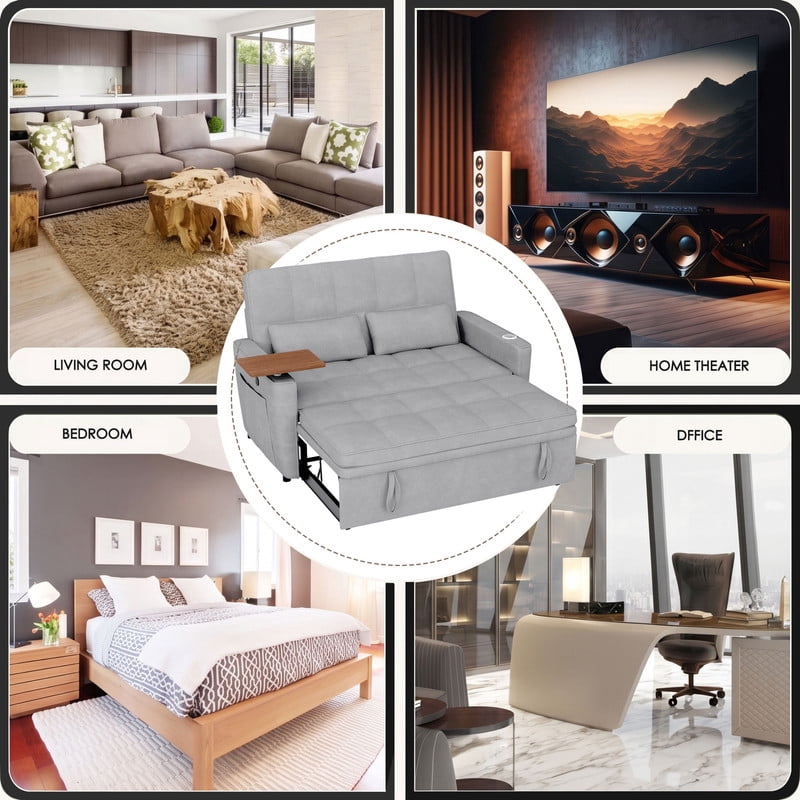 Anpport 3‑in‑1 Convertible Sleeper Sofa Bed, Pull‑Out Sofa with Side Desk, USB Ports, Cup Holders, Storage Armrests & Adjustable Backrest for Living Room Apartment, Light Gray