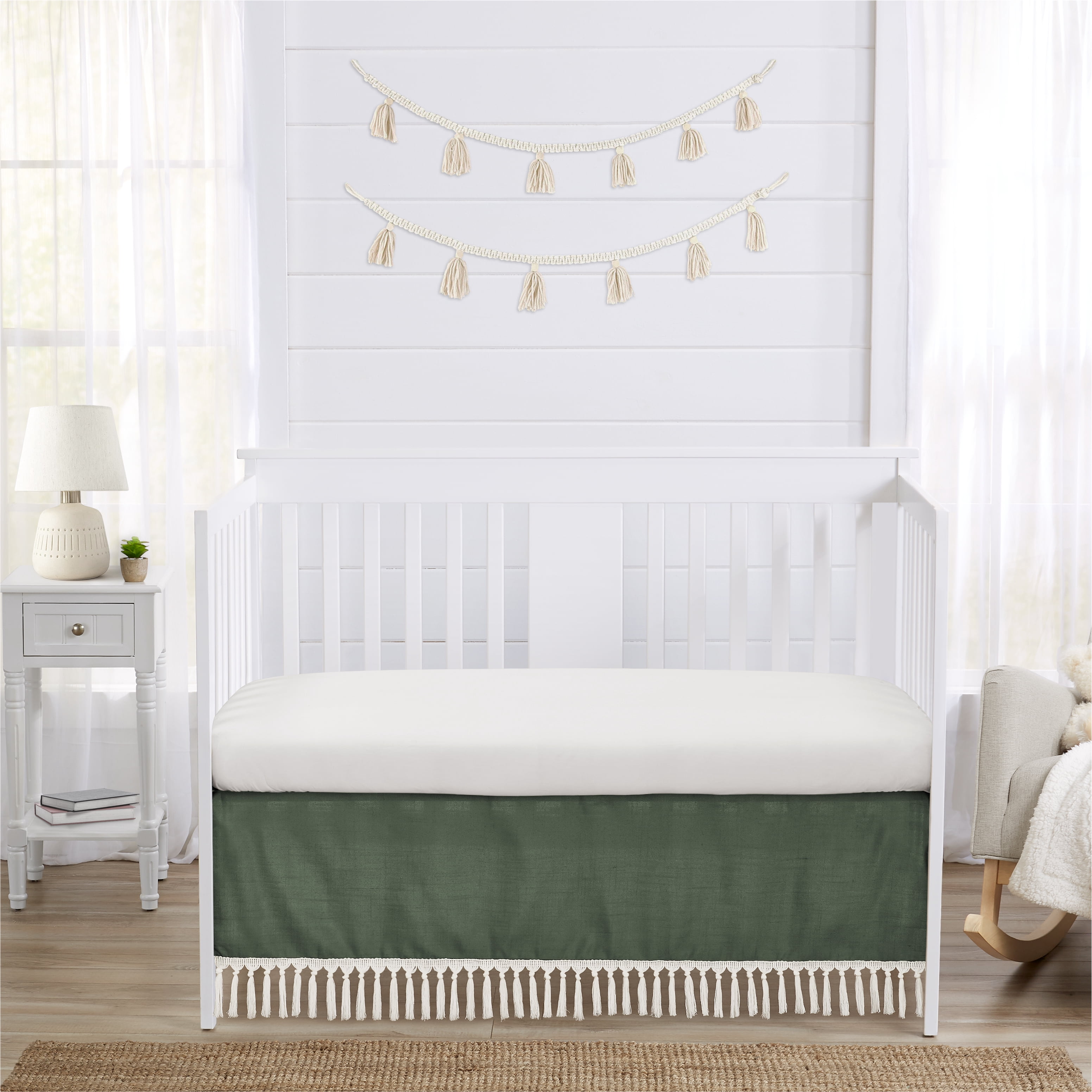 Diamond Tuft Dark Sage Green and Ivory Dust Ruffle Crib Skirt Boy or Girl Gender Neutral Unisex by Sweet Jojo Designs