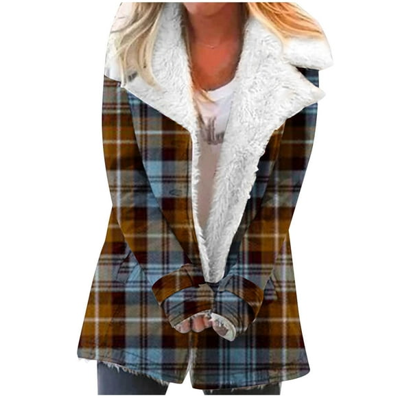 Virmaxy Womens Winter Lapel Sherpa Fleece Coat Classic Plaid Printed Faux Shearling Fleece Lined Shacket Jacket with Adjustable Cuffs Button Down Long Sleeve Outwear with Pocket Blue-B M