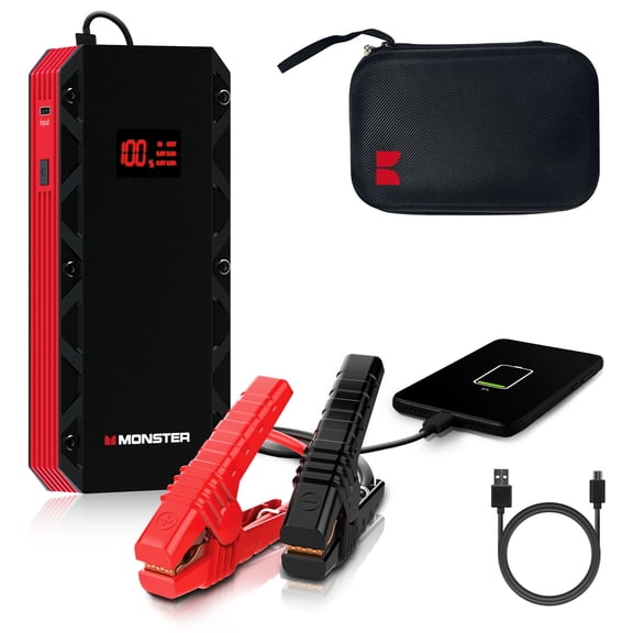 Monster 8000mAh Jump Starter Power Bank, 12V/600A, Sparkless Cables, Safety Protection, 100 Lumen Flashlight, 2 USB-A & USB-C