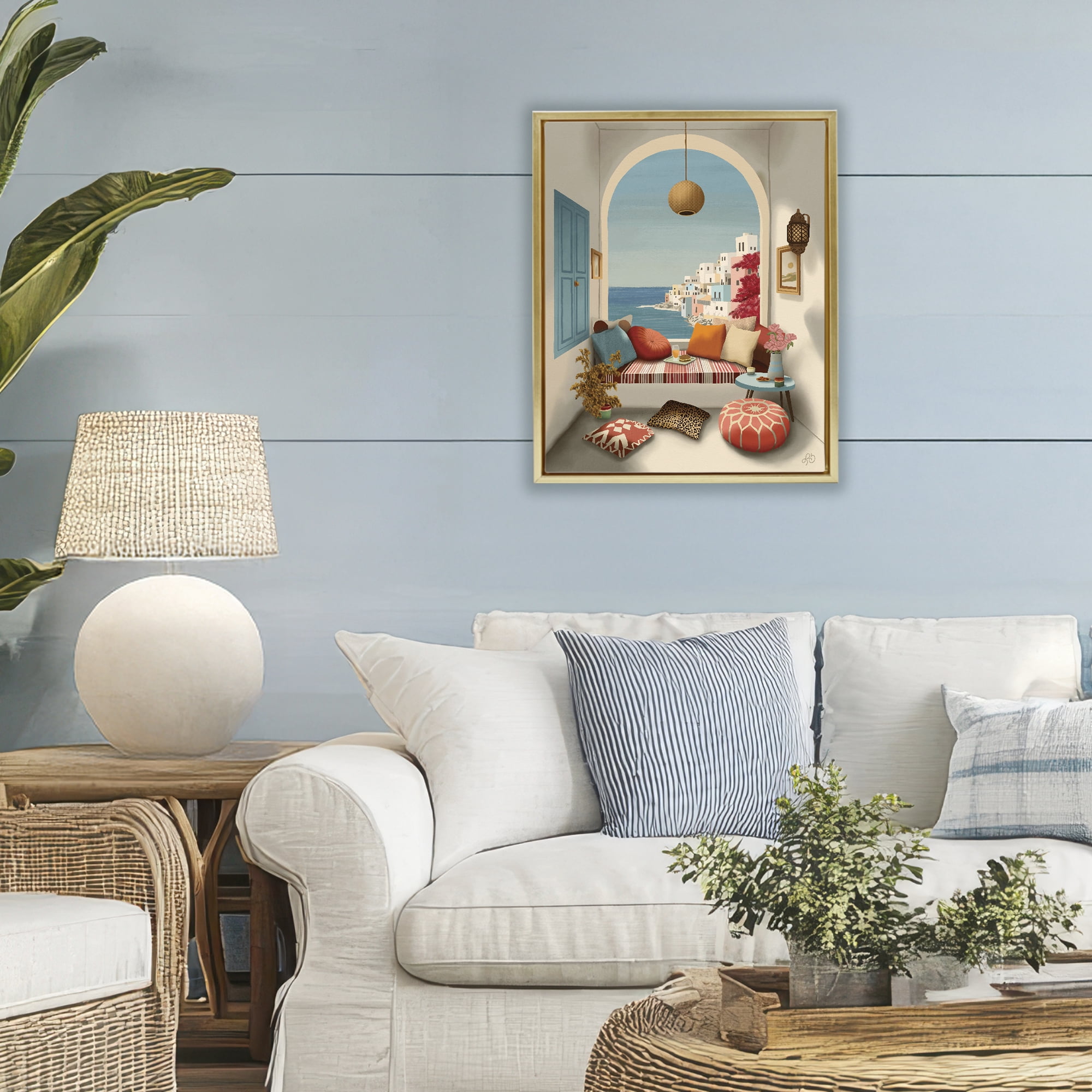 Stupell Industries Mediterranean Seaside Window View Gold Framed Floater Canvas Wall Art, design by Lisa R Dumm