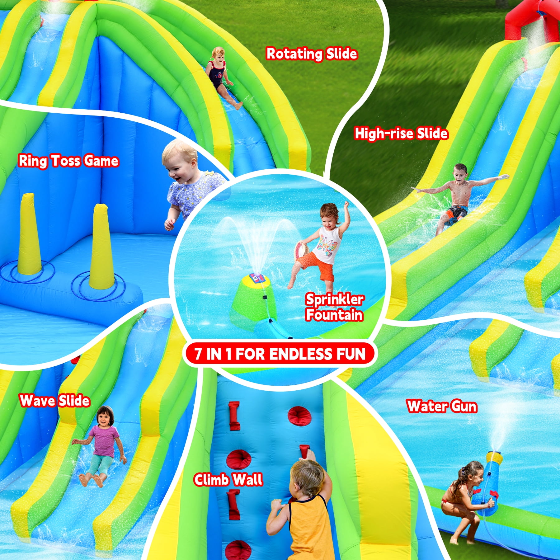 Ambifirner 7 in1 Inflatable Water Park with Blower and Ground Stakes，Three Slide Bouncy Castle for Backyard