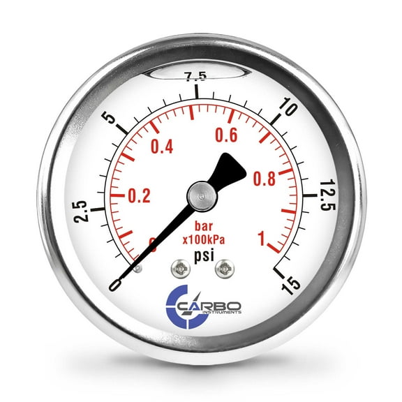 CARBO Instruments 2 1-2" Pressure Gauge, Stainless Steel Case, Chrome Plated Brass Connection, Lqiuid Filled, 0-15 psi/kPa, Back Mount 1/4" NPT