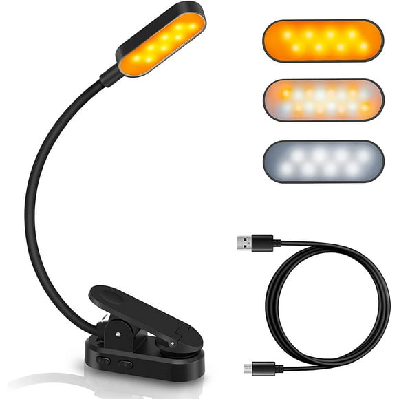 Reading lamp with 16 LEDs, USB rechargeable, with clip, 9 brightness modes and 3 color temperatures, 360° flexible neck, ideal for bed, book, night light and bedside table.