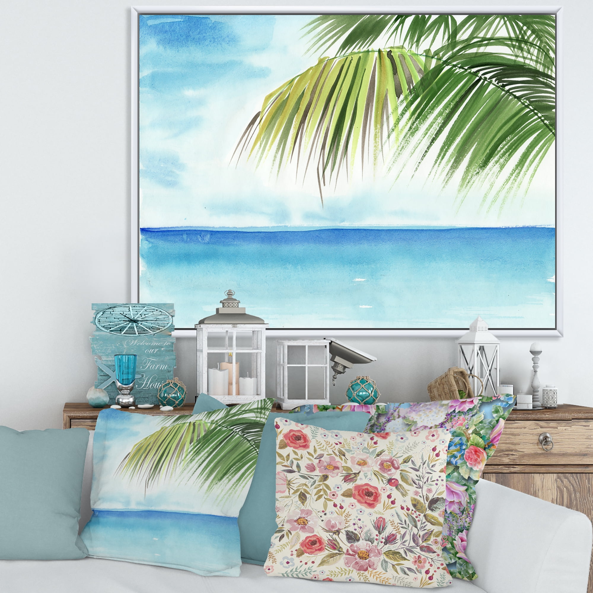 Designart 'Palm Beach Resort At Sunrise III' Nautical & Coastal Framed Canvas Wall Art Print