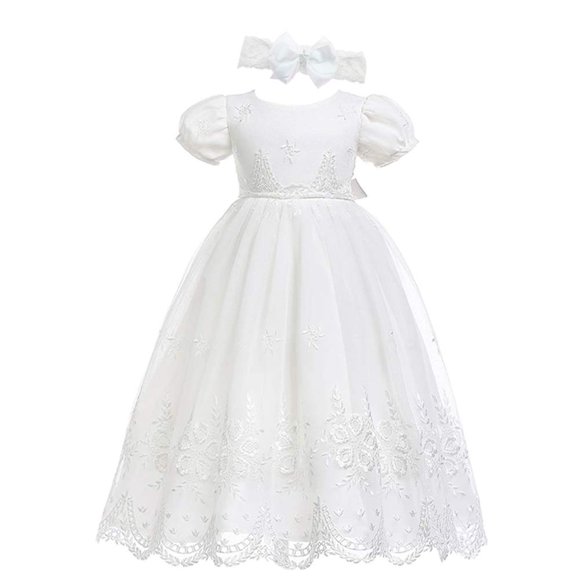 Glamulice Baby Girls Newborn Satin Christening Baptism Floral Embroidered Dress Toddler Girl Lace Wedding Formal Party Dresses 6-12 Off White Infant Holiday Birthday Church Gown & Handmade Headband 6M