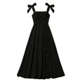 thumbnail image 2 of Flowy Chiffon Junior Bridesmaid Gown, Bow Tie Strap Ruched Square Neck High Slit Long Dress for Teen Wedding Ceremony Black 120, 2 of 6