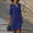 thumbnail image 2 of Vestido de Media manga SCZ con cuello en V de lino de algodón color sólido retro Verano para Mujer talla 3XL azul oscuro, 2 of 5