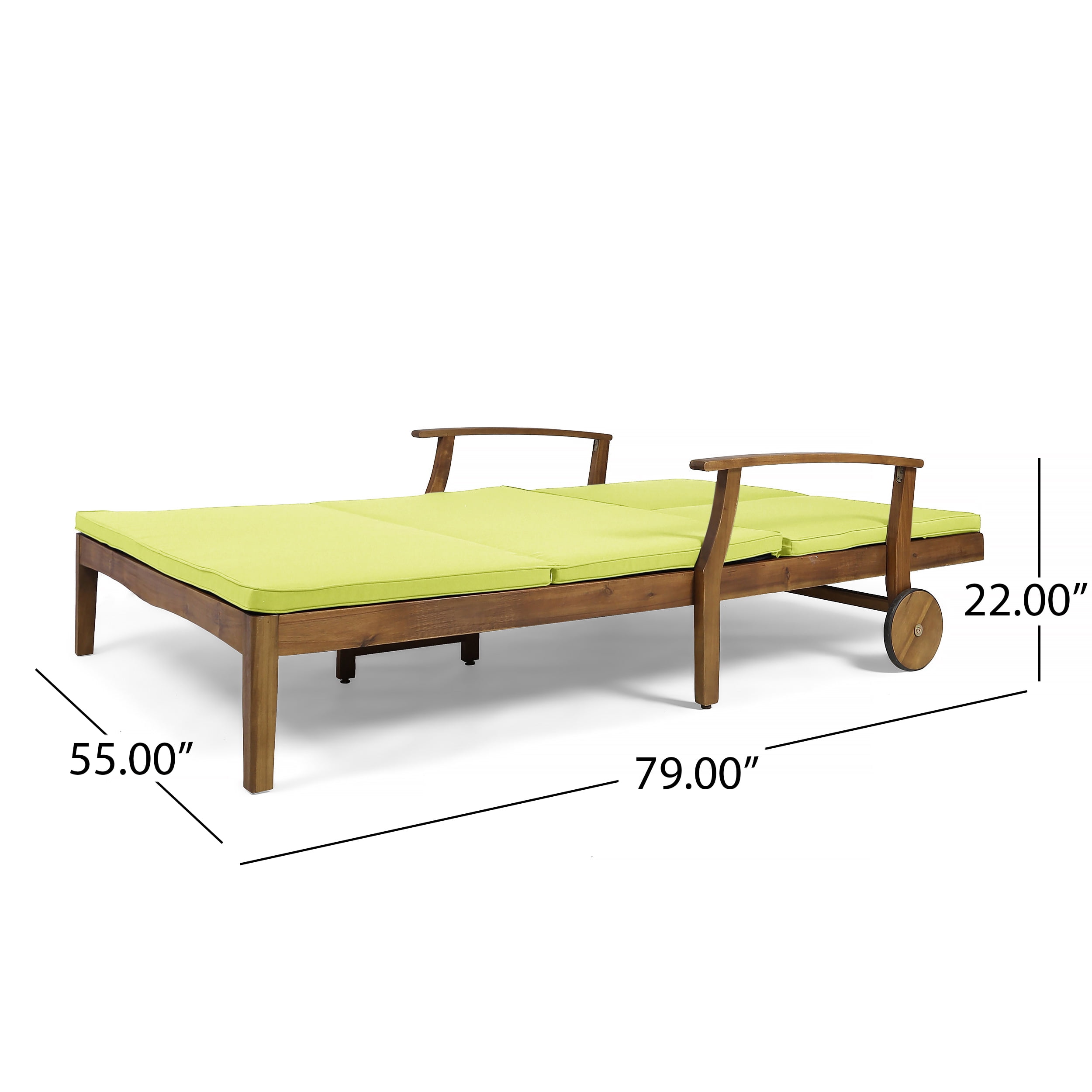 Outdoor Double Person Chaise Lounge, Dual Seat Recliner Chair for Patio Garden, Teak and Green
