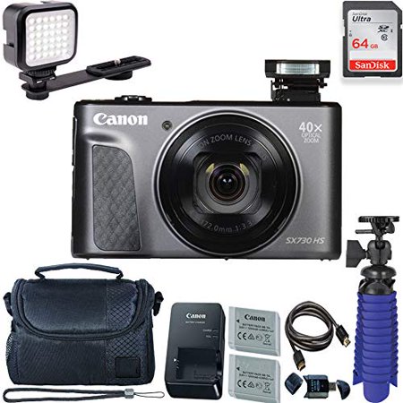 Canon PowerShot SX730 HS Digital Camera (Black) with 64 GB Card + LED Compact On-Camera Light + Premium Camera Case + 2 Batteries +