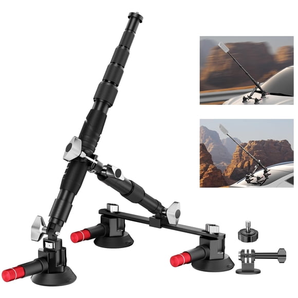 EMART Car Mount with Triple Suction Cup, Camera Mount Kit with Telescopic Extension Pole/Action Camera Adapter Compatible with Gopro/Instal 360/DJI O