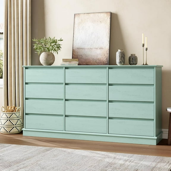 YUSAZENS Green Wooden Dresser with 12 Deep Drawers, Wide Clothing Storage Cabinet with Silent Ball-Bearing Slides, 15.6"D x 63"W x 32.7"H Sturdy Storage Chest for Bedroom, Living Room, Hallway