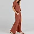 thumbnail image 4 of Women's 2 Piece Summer Outfit - Short Sleeve V Neck Crop Top + Wide Leg Pants, Polyester/Spandex, Printed, 4 of 8
