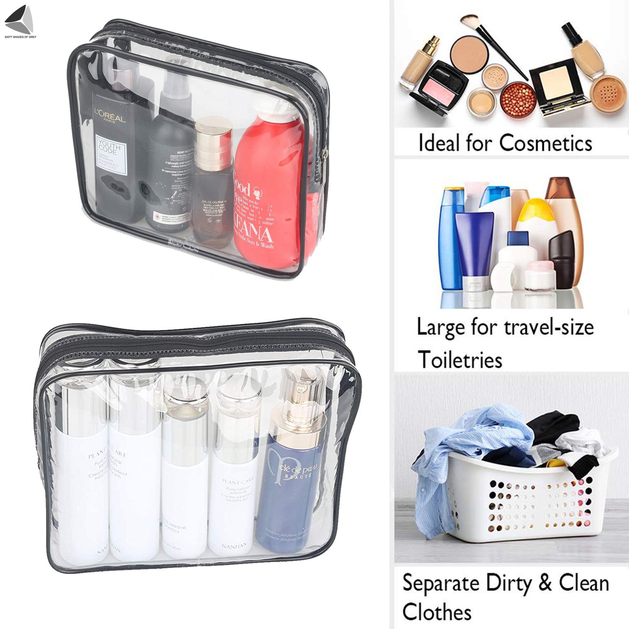 PULLIMORE 2 Packs Clear Makeup Bags PVC Cosmetic Organizer Pouch Portable Travel Toiletry Bag Plastic Airport Airline Handbags