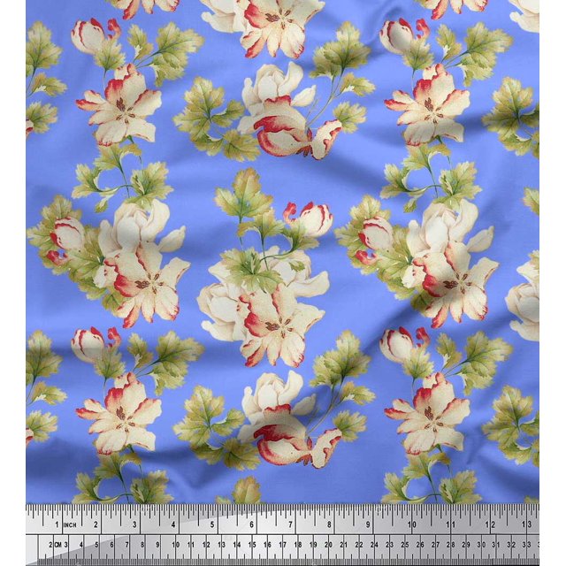 Soimoi Polyester Crepe Fabric Leaves & Magnolia Floral Fabric Prints by Yard 42 Inch Wide