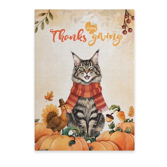Happy Thanksgiving Maine Coon with Turkey Pumpkins Autumn Vibes Vertical Matte Canvas Poster Cat Lover Kitten Owner Gifts Wall Art Home Decor - 12018