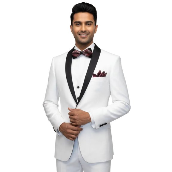 Men's Lorenzo Bruno Shawl Tuxedo Slim 3 Piece Shiny Formal Suit S6501V White