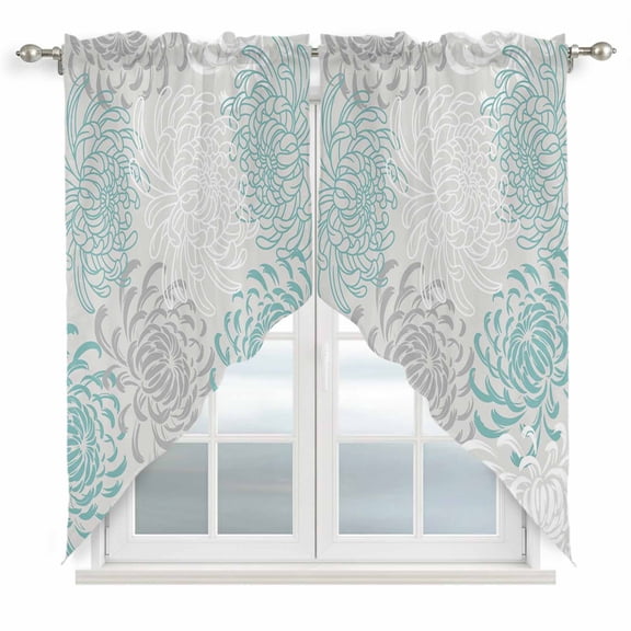 Aqua White Kitchen Window Curtains, Swag Curtains Valance for Bedroom Living Room Bathroom, Abstract Grey Chrysanthemum Flower Floral Rod Pocket Window Treatment Curtain Block Drapes 2 Panels 36"x45"