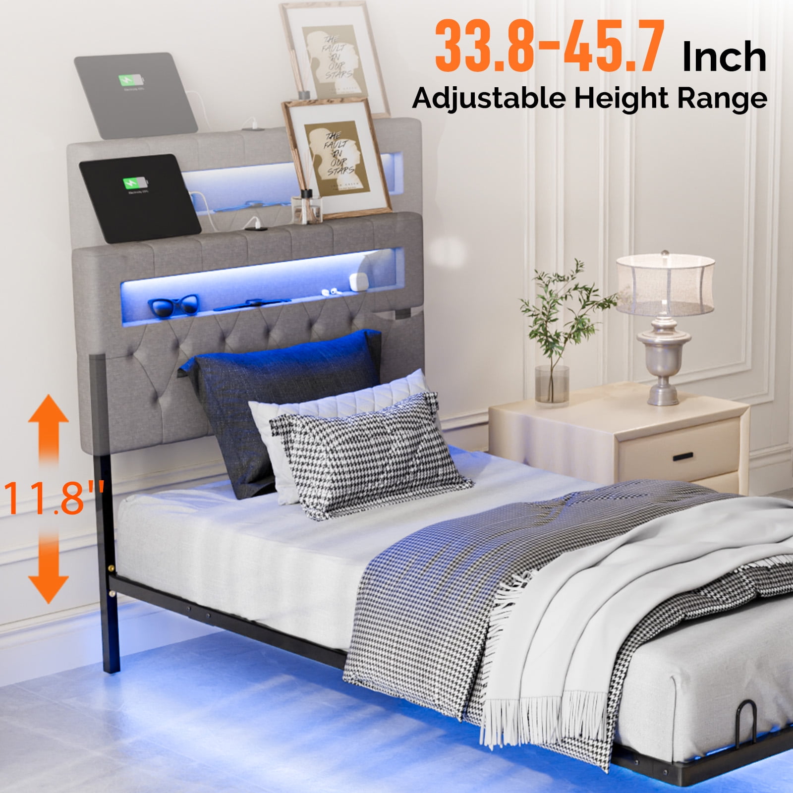 Zimtown Floating Bed Frame Twin Size Metal Platform Bed for Bedroom, No Box Spring Needed, Gray