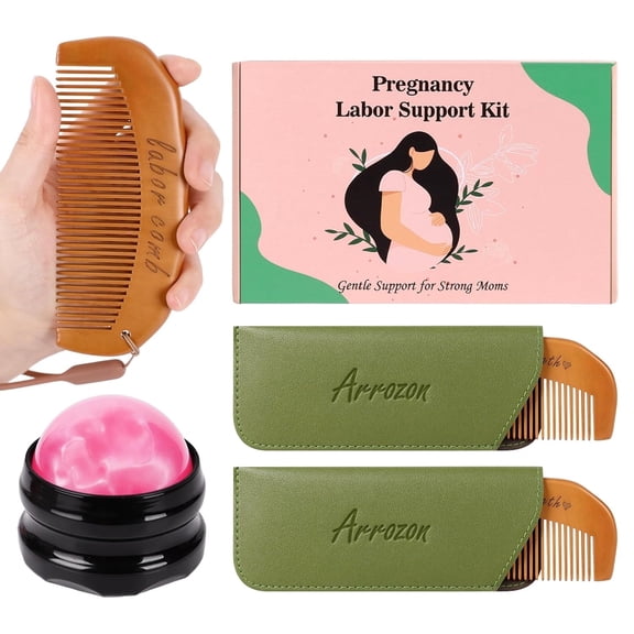PANGTON VILLA Labor Comb and Massage Roller Ball Kit Anti-Static Technology Pain Relief Women's Grooming Kit Includes 2 Wooden Combs 2 Piece