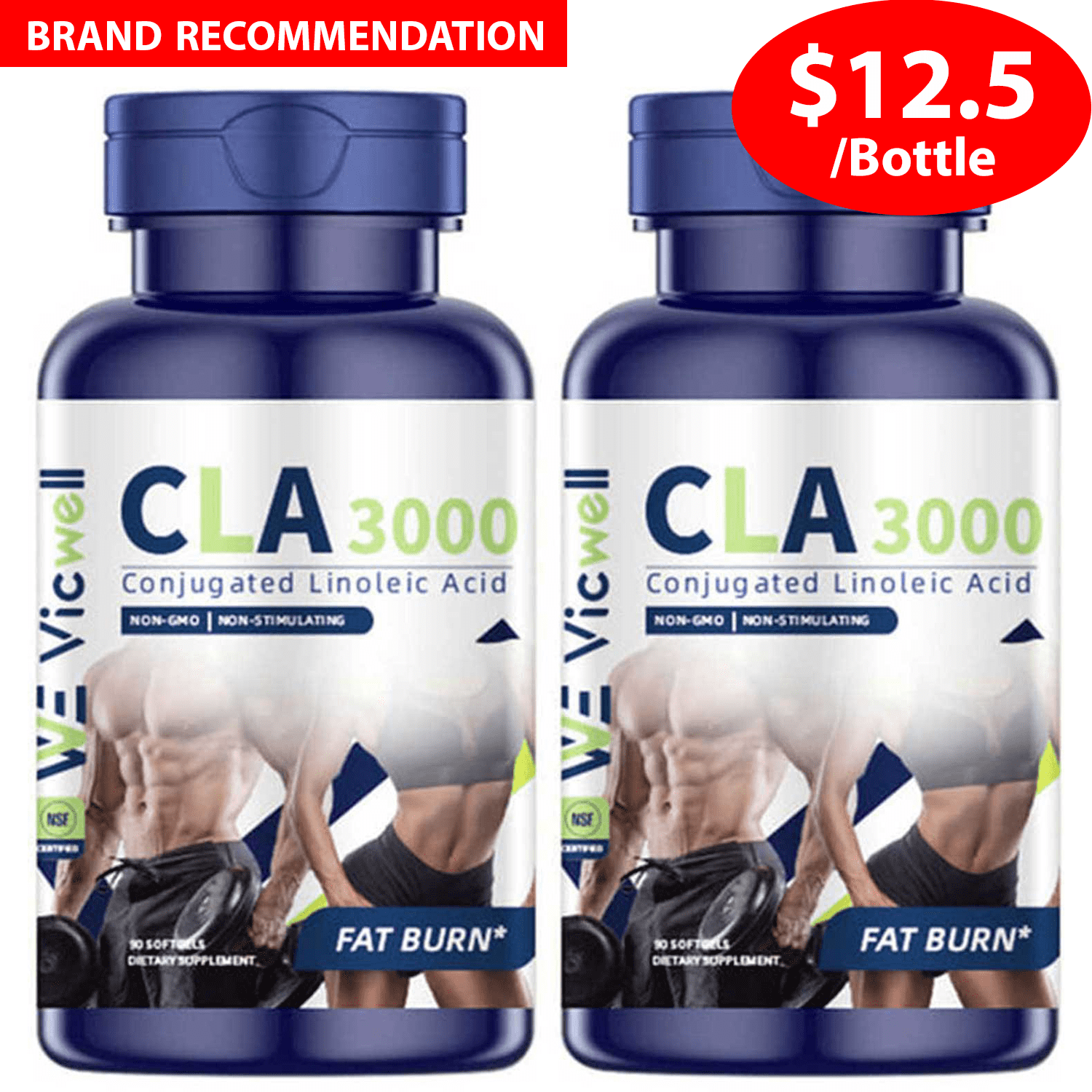 2 Pack CLA 3000 Fat Burner Supplement, Weight Loss Softgels Conjugated Linoleic Acid, 180 Ct